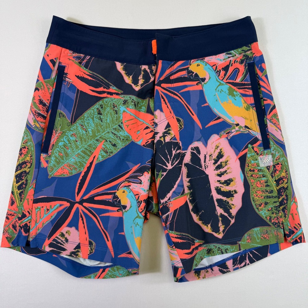 Rhone Board Shorts Mens 28 Navy Tropical Parrot Print Mesh Lined Swim Trunks